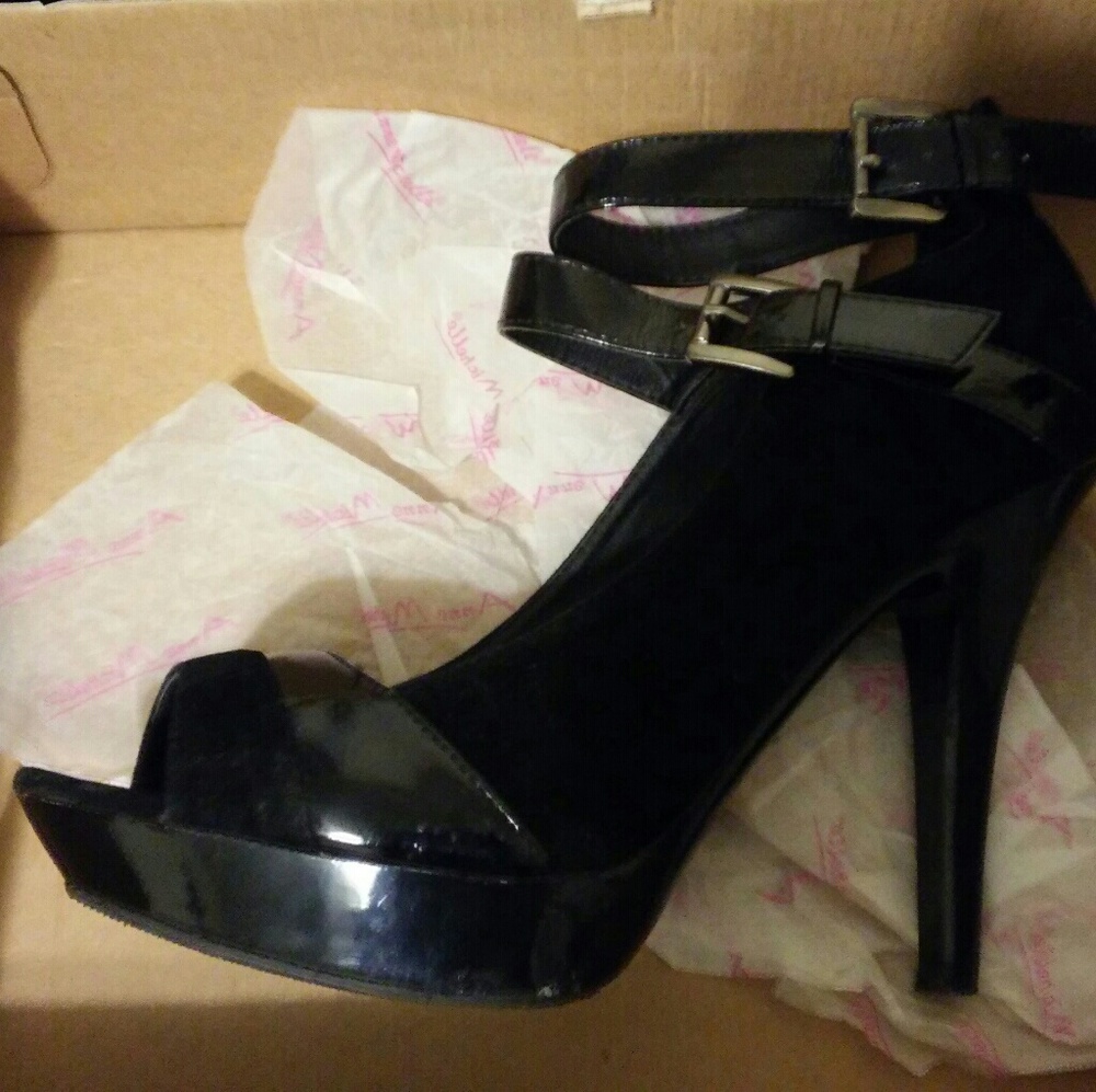 Black suede and patent leather platform stilettos