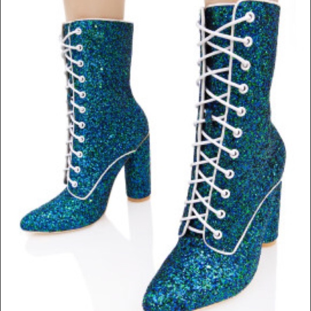 Blue Glitter Lace Up Pointy Toe Round Heel Booties