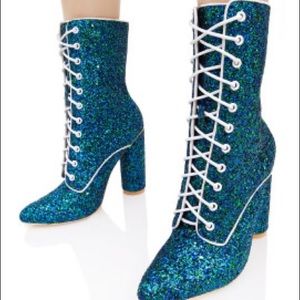 Blue Glitter Lace Up Pointy Toe Round Heel Booties