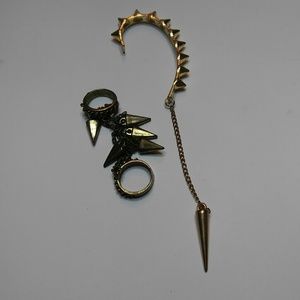 Gold Spike ear cuff and two finger ring Bundle
