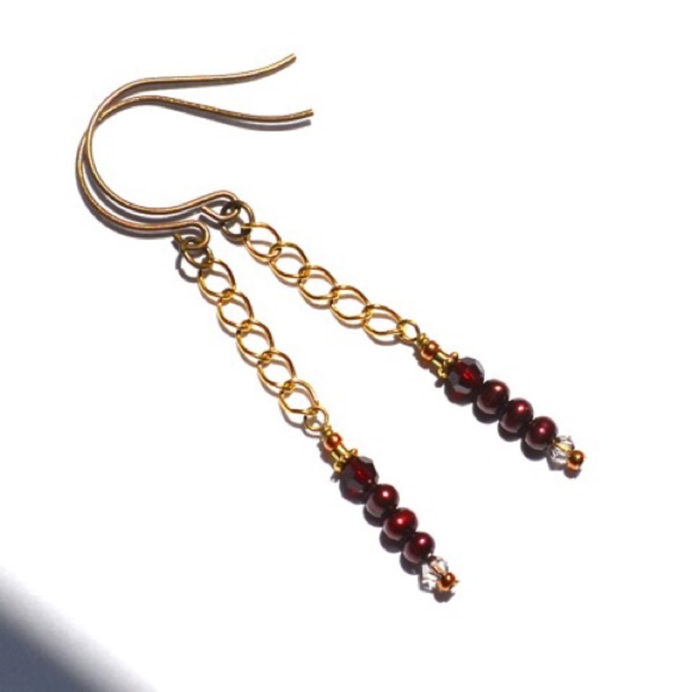 Boho gypsy Cranberry Pearls ruby crystal earrings