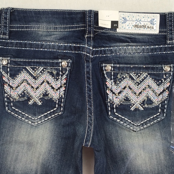 NWT GRACE IN LA JEANS Chevron Cropped Capri Jean - Picture 7 of 8