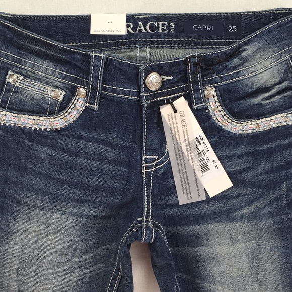 NWT GRACE IN LA JEANS Chevron Cropped Capri Jean - Picture 6 of 8