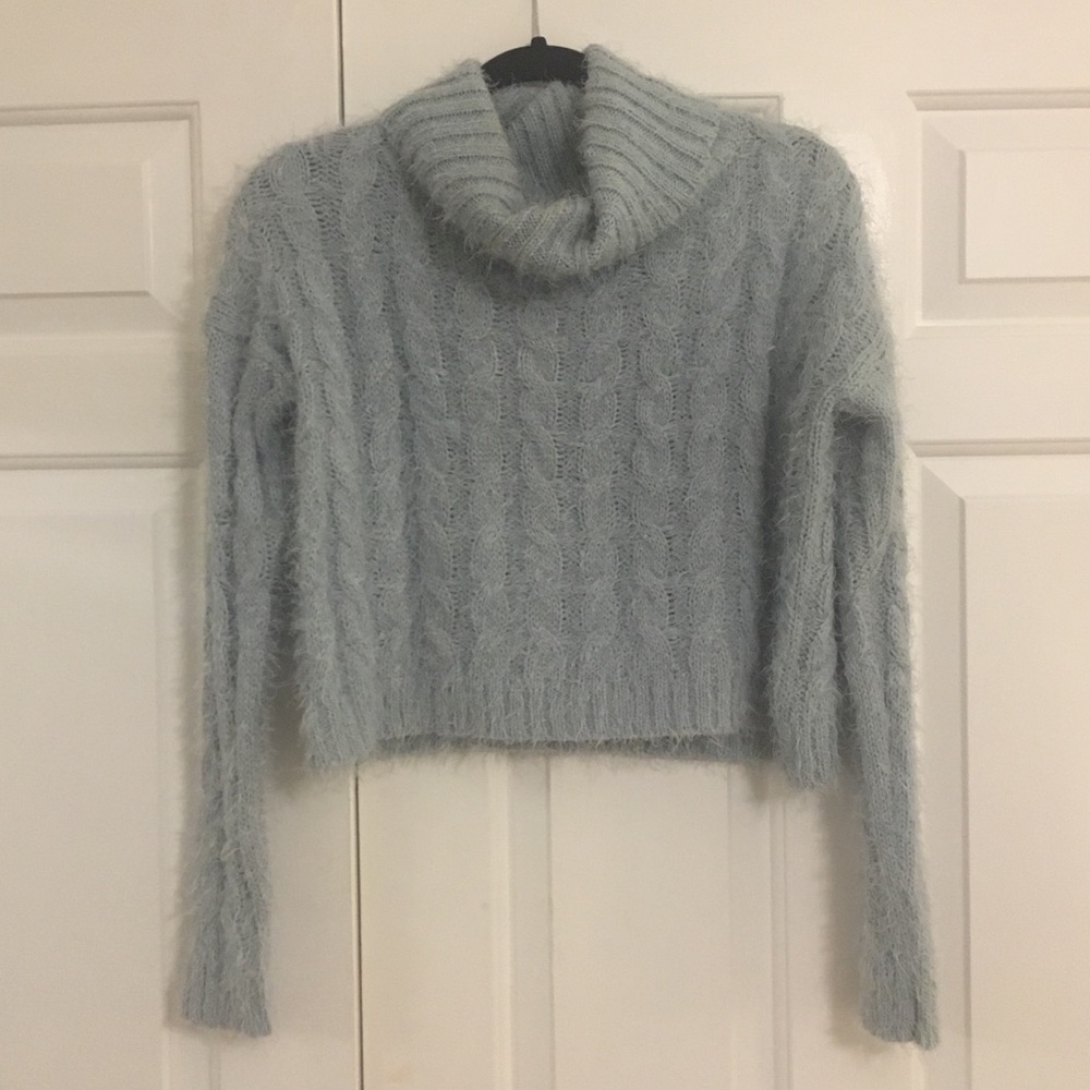 LuLus Baby Blue Turtleneck Cableknit Sweater