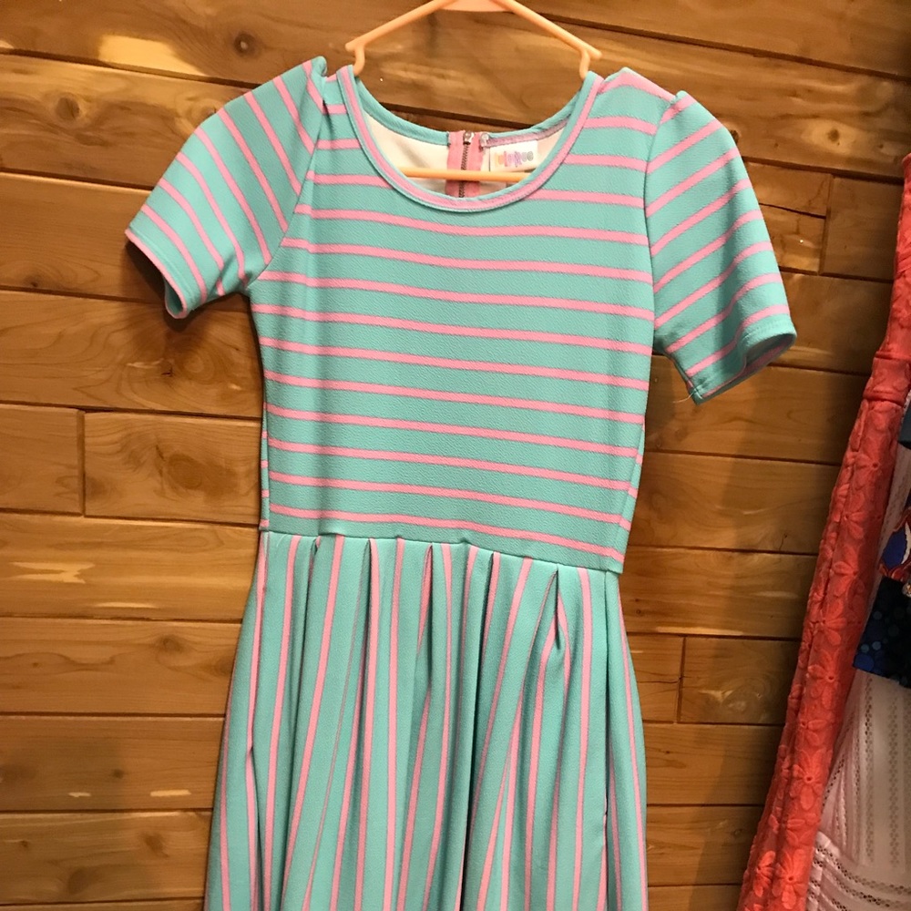 XS Lularoe Amelia Dress Aqua with Pink Stripes