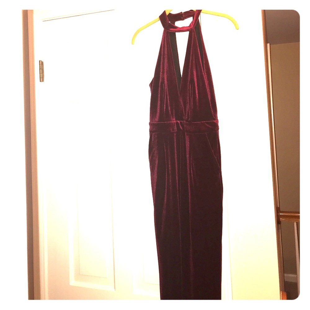 Sunset + Spring maroon velvet jumpsuit