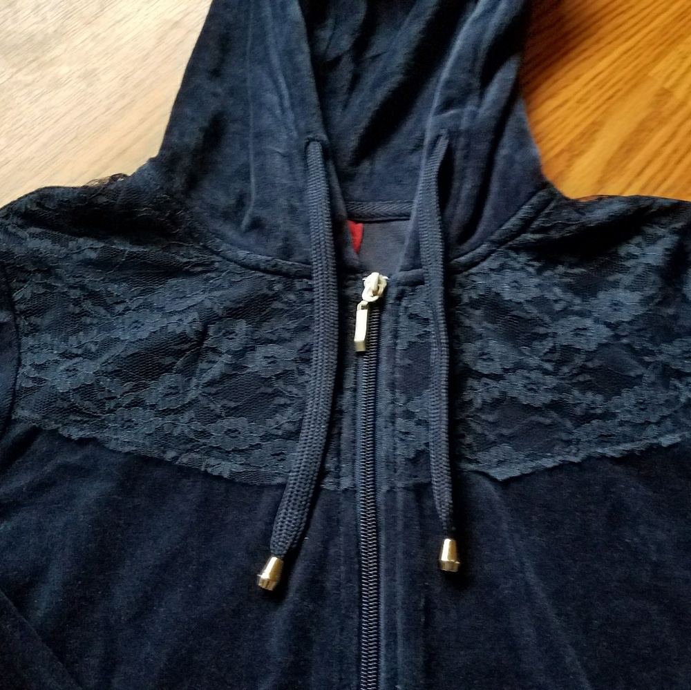NWOT Navy Lace Velour Zip Hoodie - Picture 2 of 5