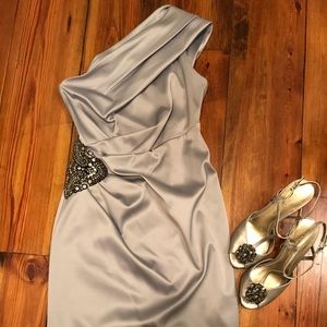 Silver satin one shoulder dress