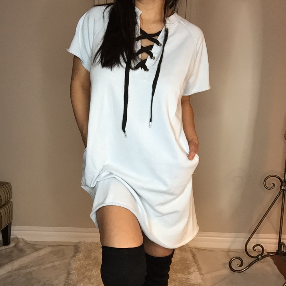 Washed pocket tee dress w/ neck drawstring - Picture 2 of 5