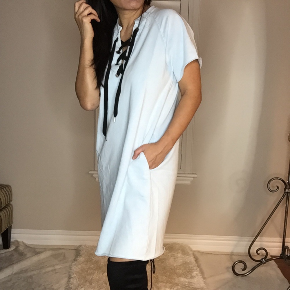 Washed pocket tee dress w/ neck drawstring - Picture 4 of 5