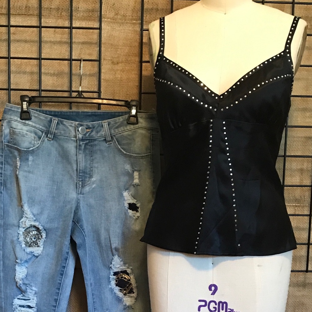 Beautiful Satin Tank Top with Rhinestone Trim