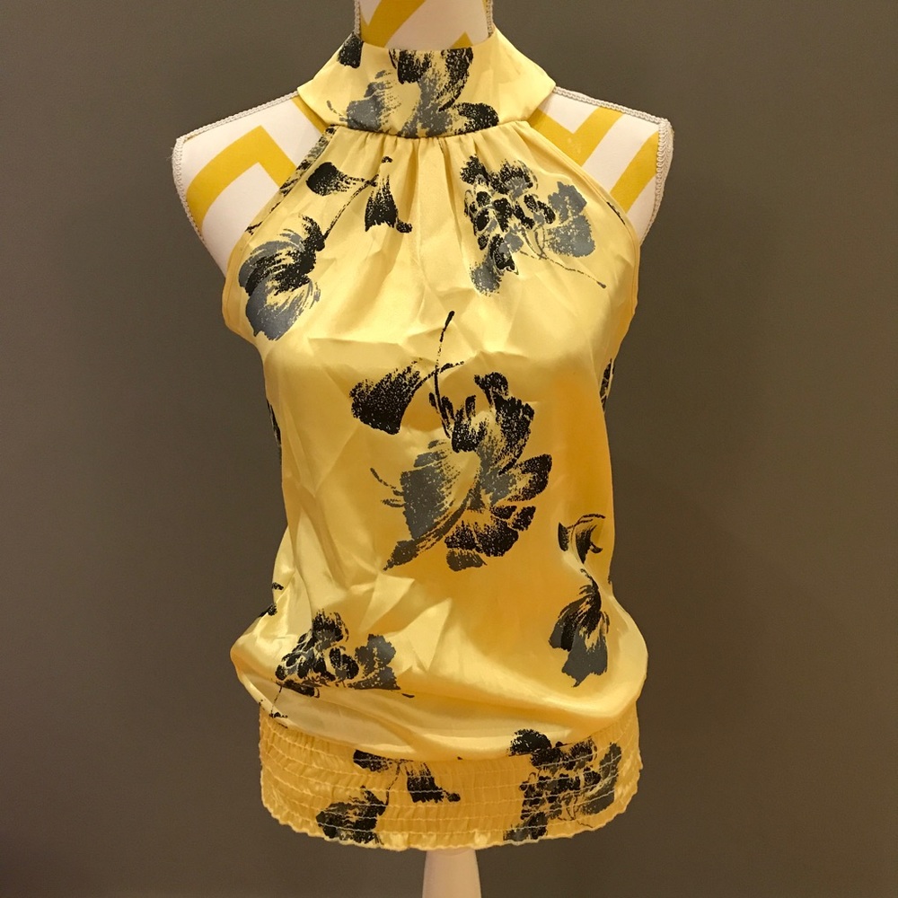 Yellow Satin Sleeveless Blouse with Black Flowers