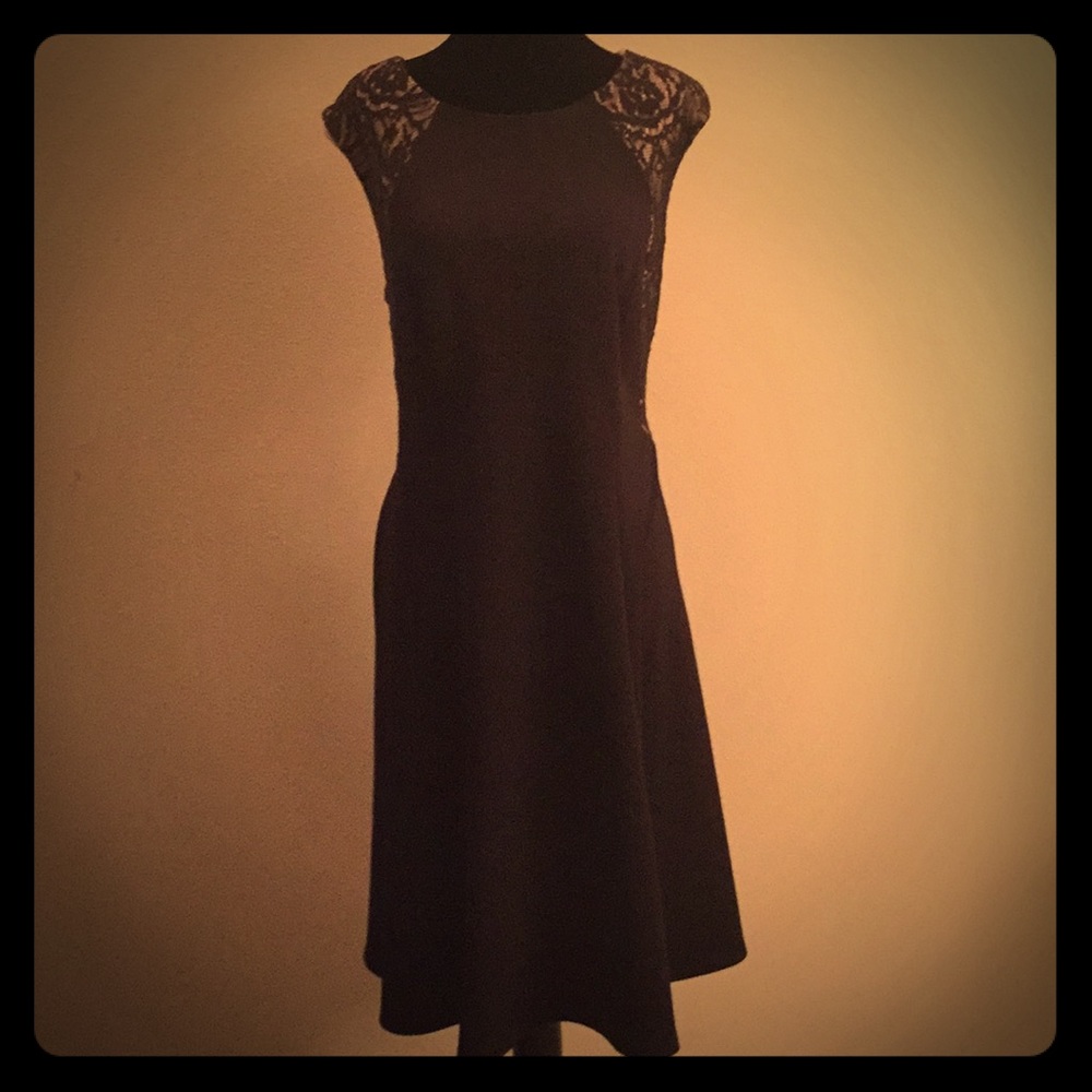 Flattering Black Dress with lace over beige accent