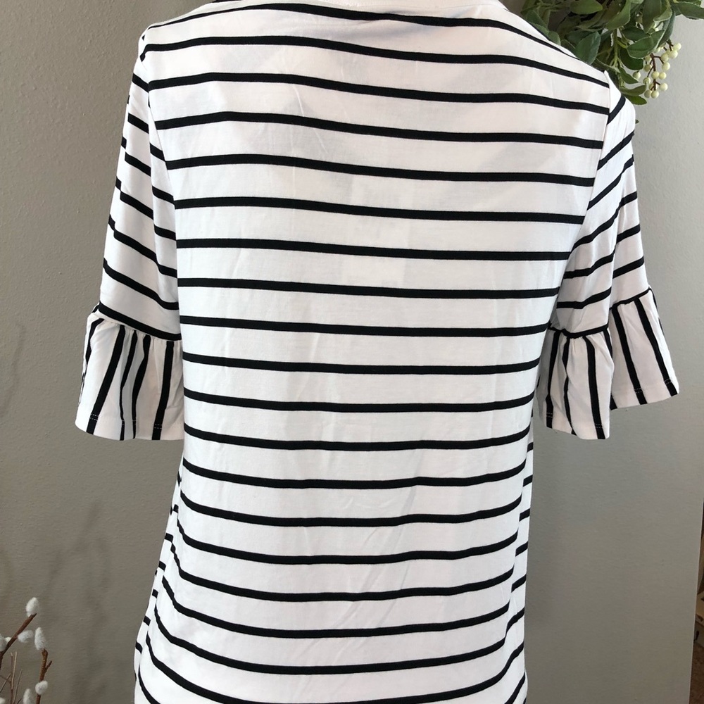 Black White Stripe Ruffle Short Sleeve Tee Top - Picture 3 of 4