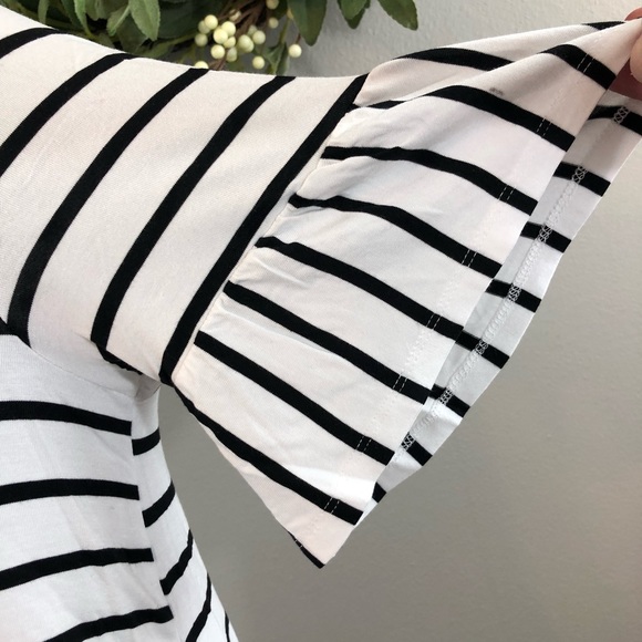 Black White Stripe Ruffle Short Sleeve Tee Top - Picture 2 of 4