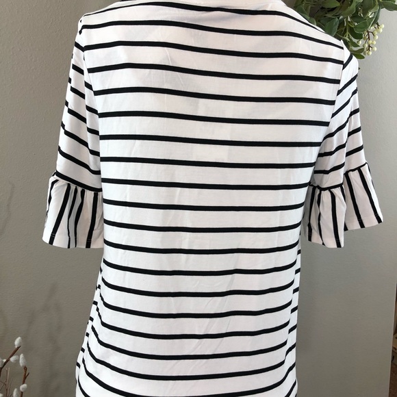 Black White Stripe Ruffle Short Sleeve Tee Top - Picture 3 of 4