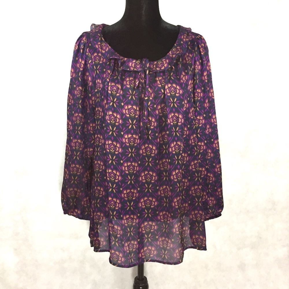 LOFT Purple Floral Tie Front Blouse