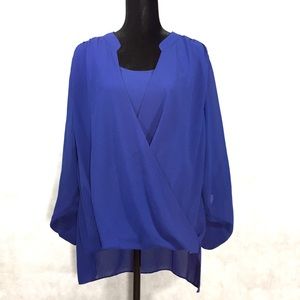 Rose & Olive Crossover Hi-Low Cobalt Crepe Blouse