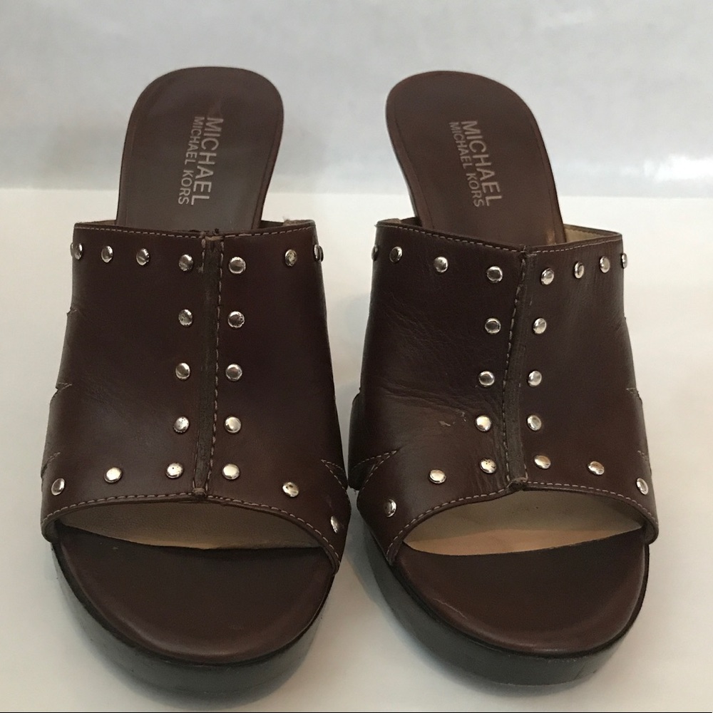 MICHEAL KORS Leather Open-Toe Brown Platform Heels