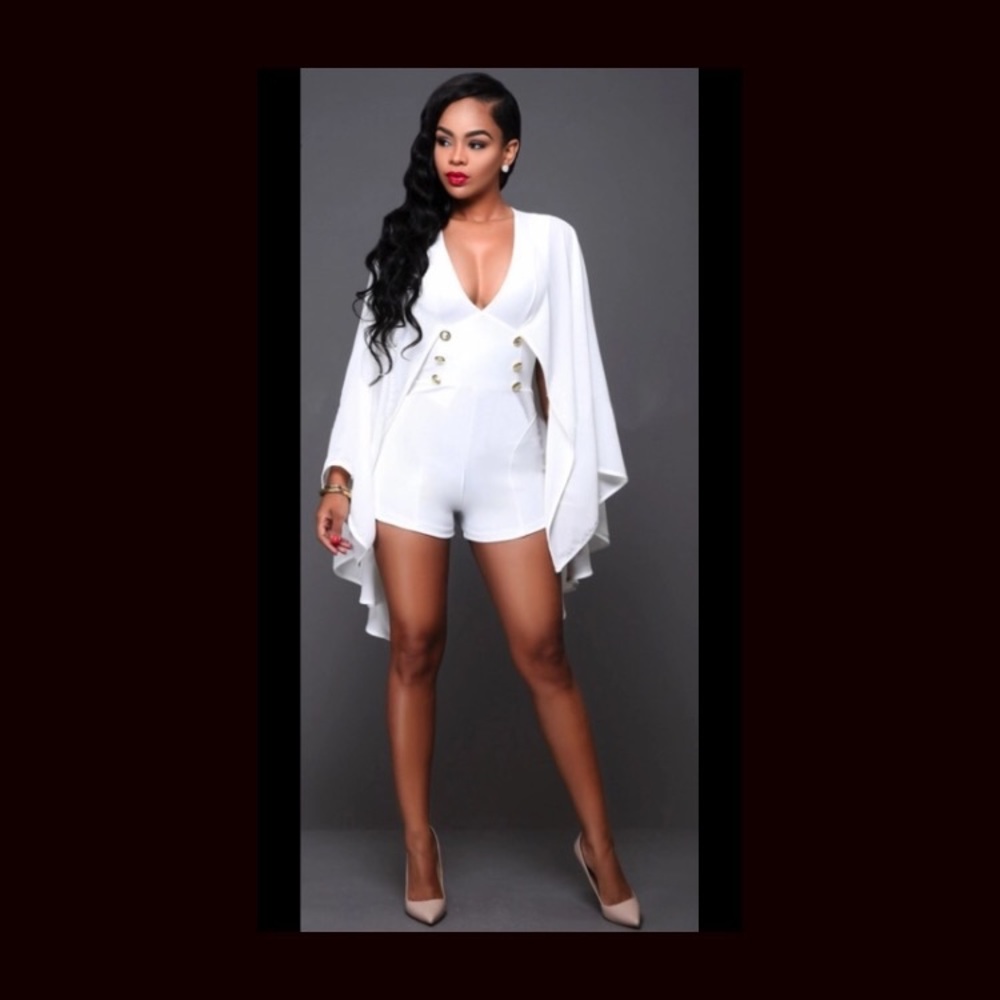 White Winged One Piece Plunging Short Pant Romper