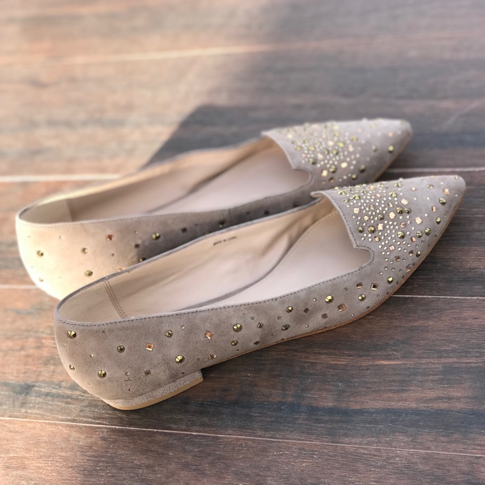 Champagne Gold Stud Suede Pointy Flats - Picture 2 of 5