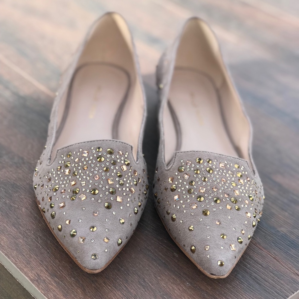 Champagne Gold Stud Suede Pointy Flats - Picture 3 of 5