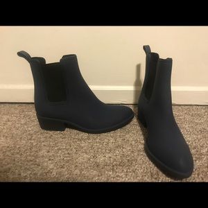 black and Navy Jeffrey Campbell ankle rain boots
