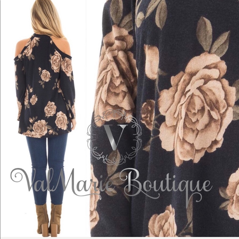 📍SZ M LAST -Cold Shoulder Navy Floral Mock Blouse - Picture 2 of 4