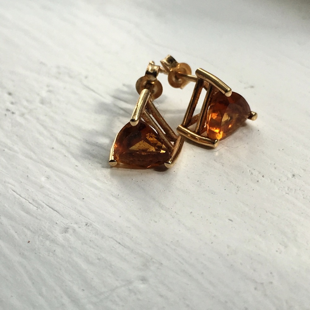 Citrine trillion 14k gold stud earrings
