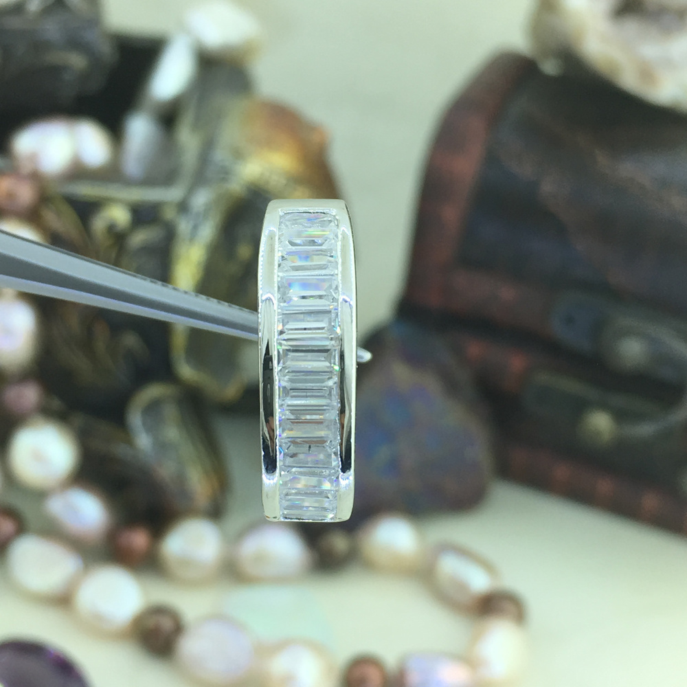 Emerald Cut Channel Set half Eternity Silver Band - Picture 6 of 7