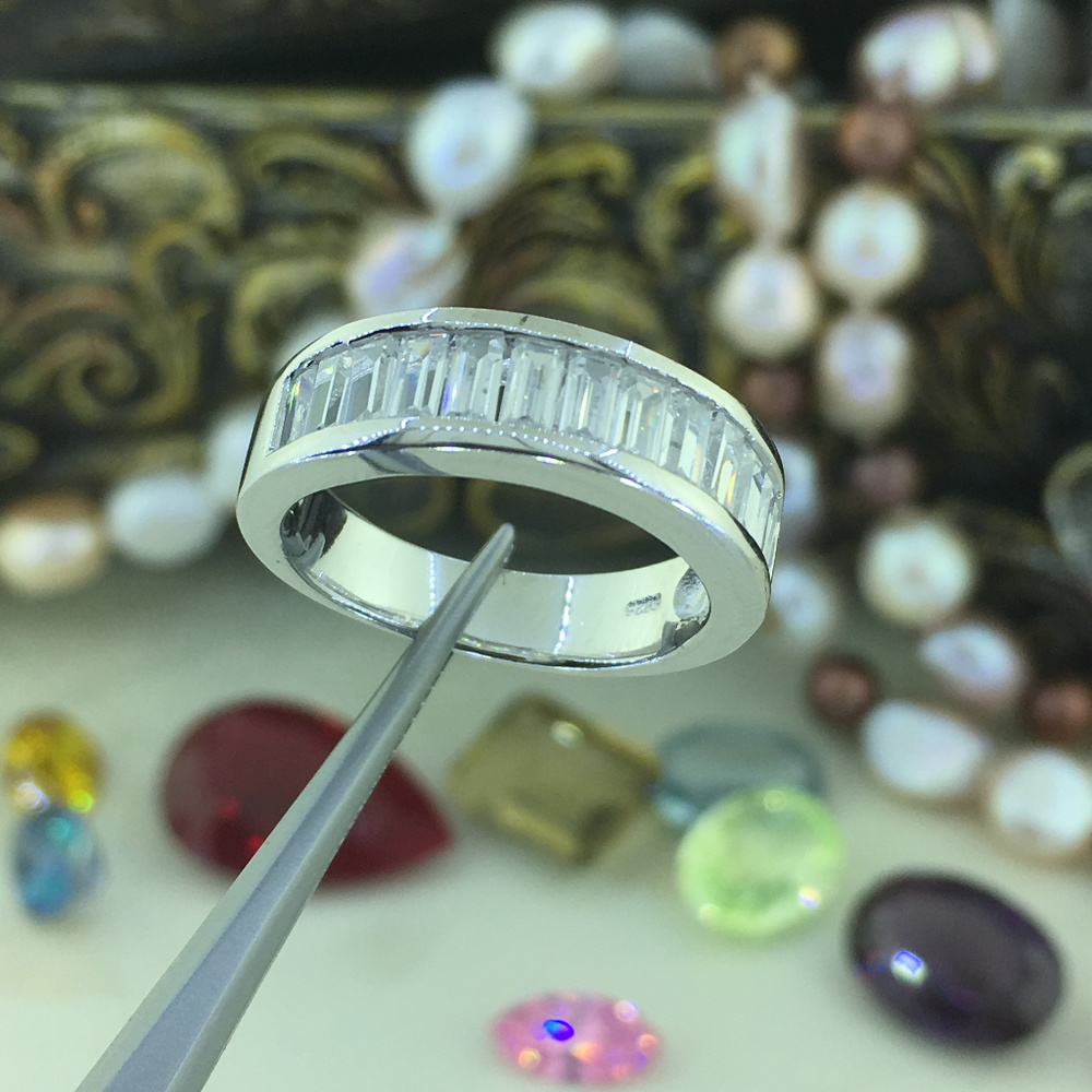Emerald Cut Channel Set half Eternity Silver Band - Picture 5 of 7