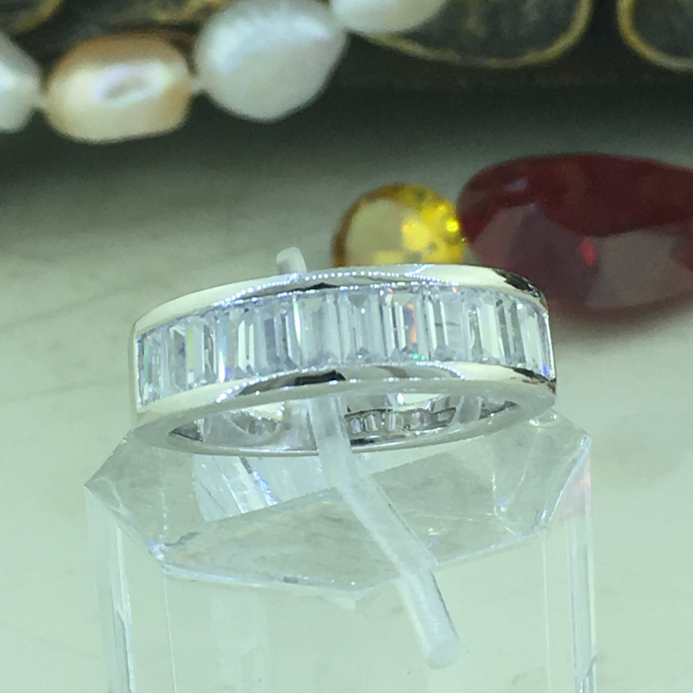 Emerald Cut Channel Set half Eternity Silver Band - Picture 3 of 7