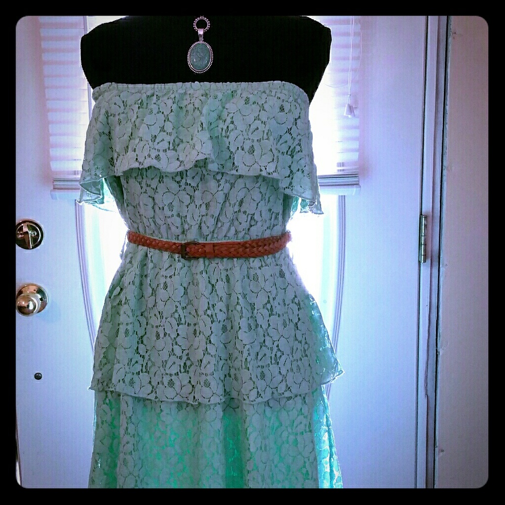 Strapless lace ruffle mini dress