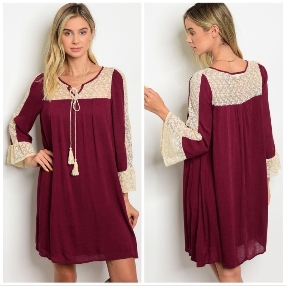 CLEARANCE! BURGUNDY LACE TRIMMED DRESS