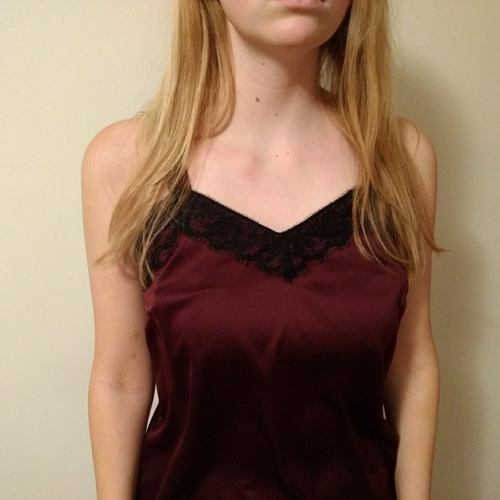 Maroon, Black Lace Lined Slip Satin-y Top
