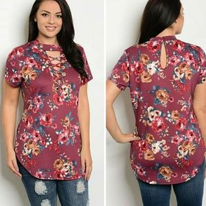Plum floral lace up top