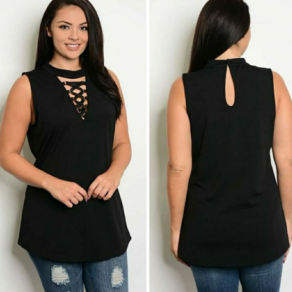 Black Lace Up Blouse 3X