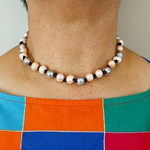 Blush, White, and Silver Pearls with Leather