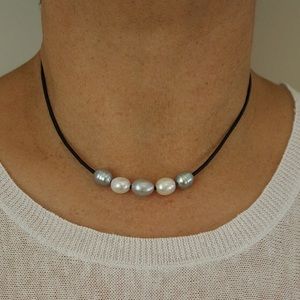 Silver and White Pearls on Black Leather