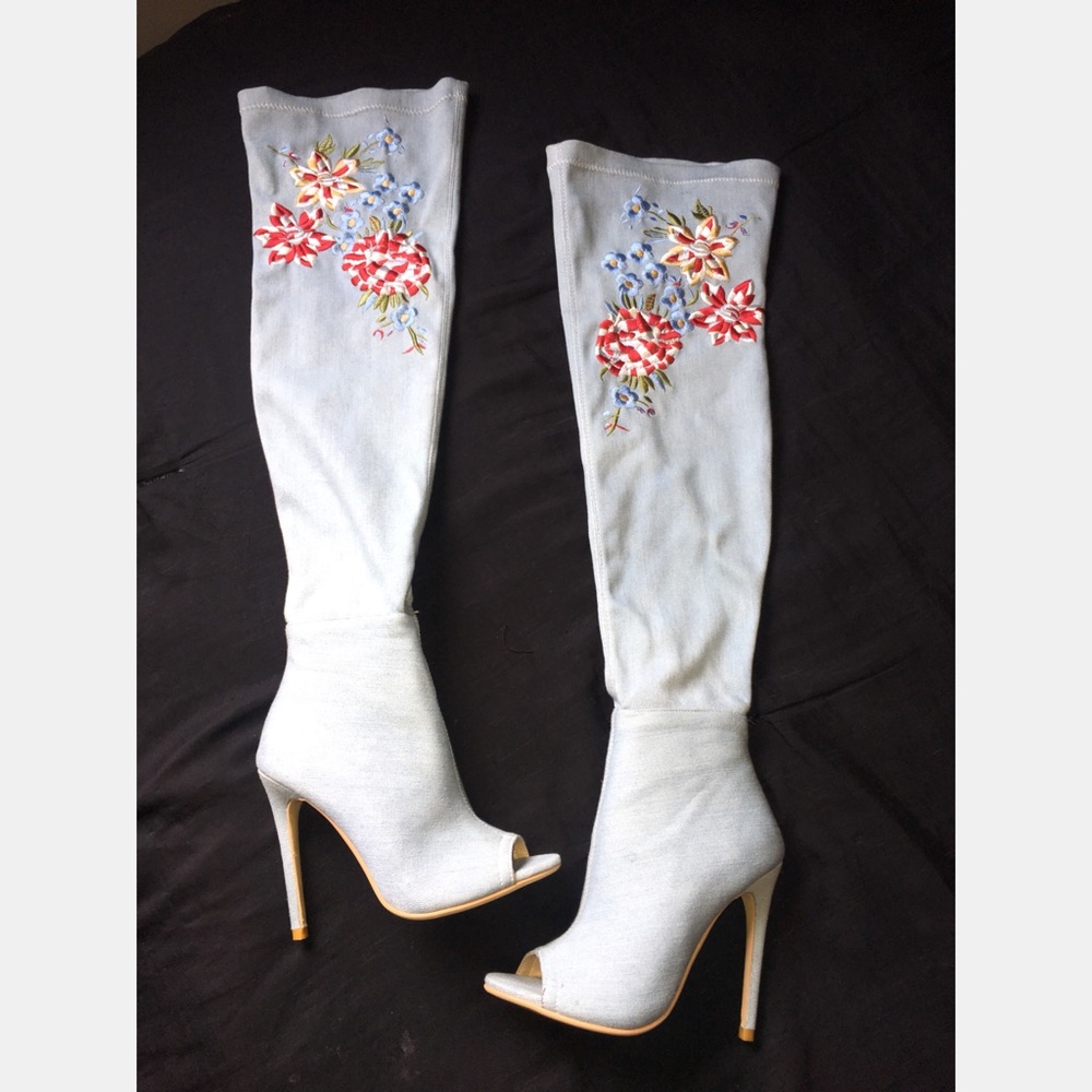 Denim thigh high boots