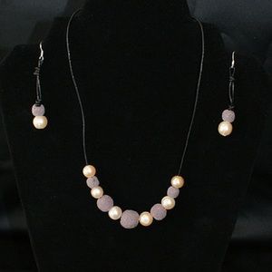 Mauve Pumice Stone and Pearl Necklace
