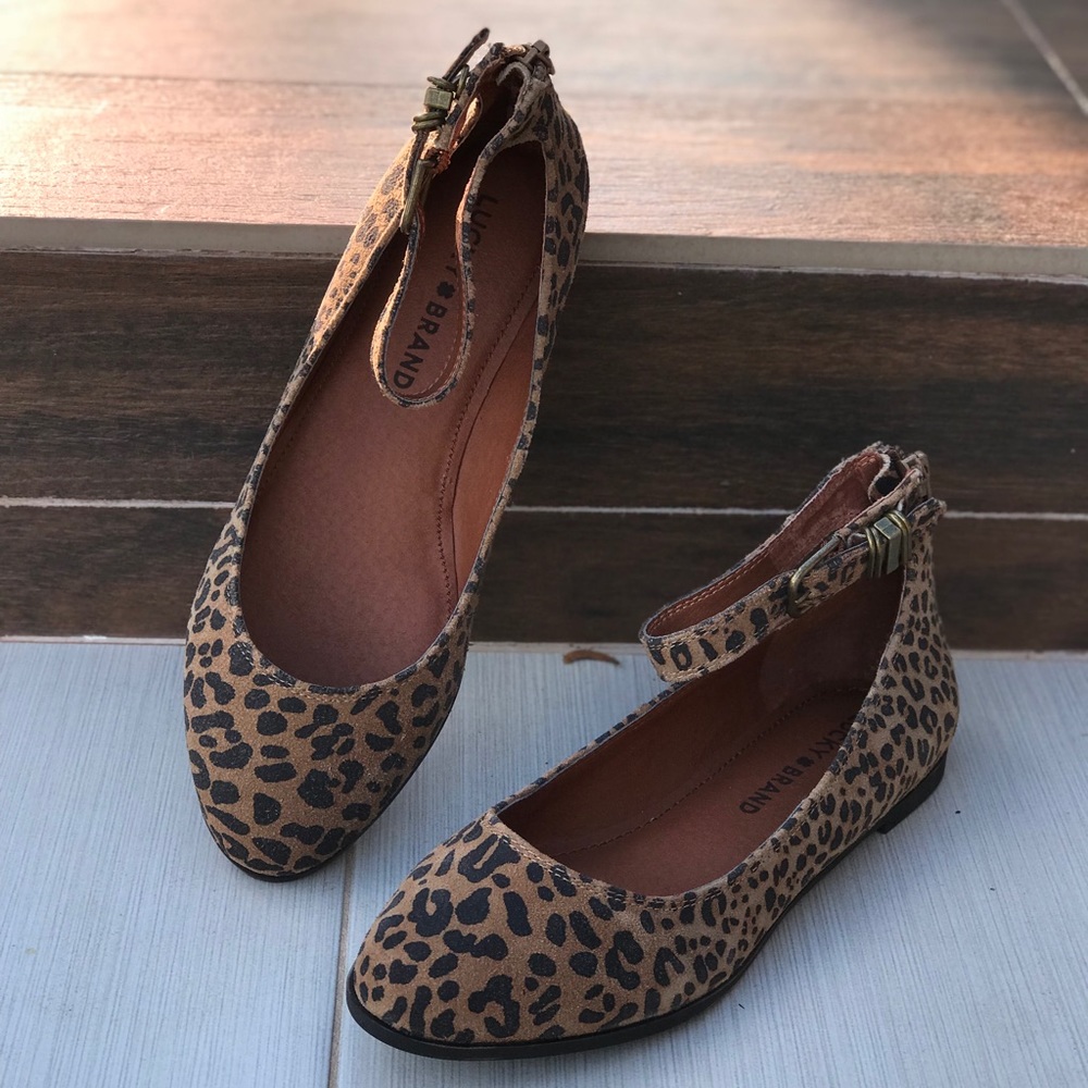 Leather Cheetah Print Ankle Strap Ballet Flats - Picture 2 of 8