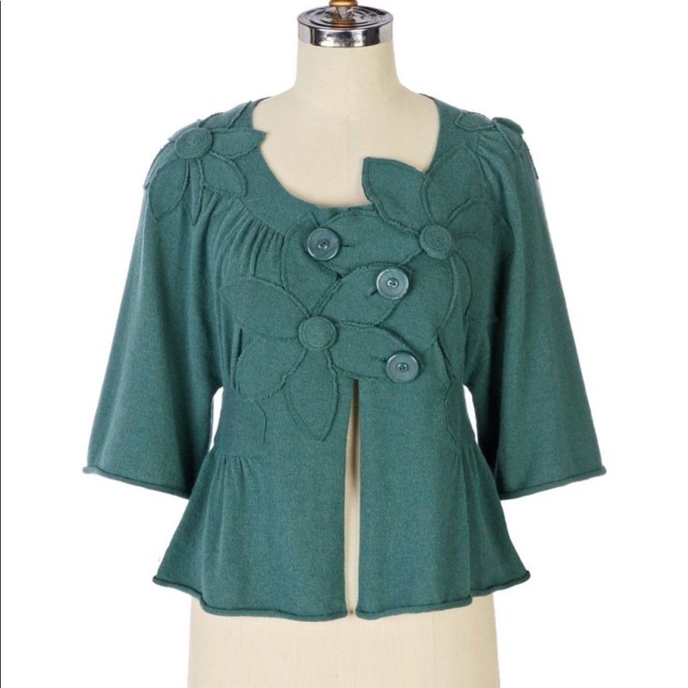 Anthropologie green floral applique sweater