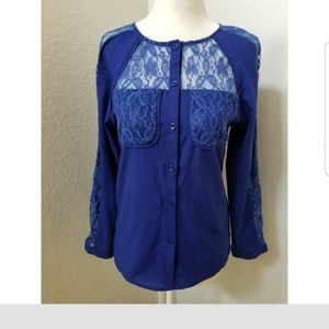 Royal Blue Long Sleeve Lace Blouse