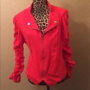 BRIGHT CORAL RUCHED SLEEVE MOTO JACKET