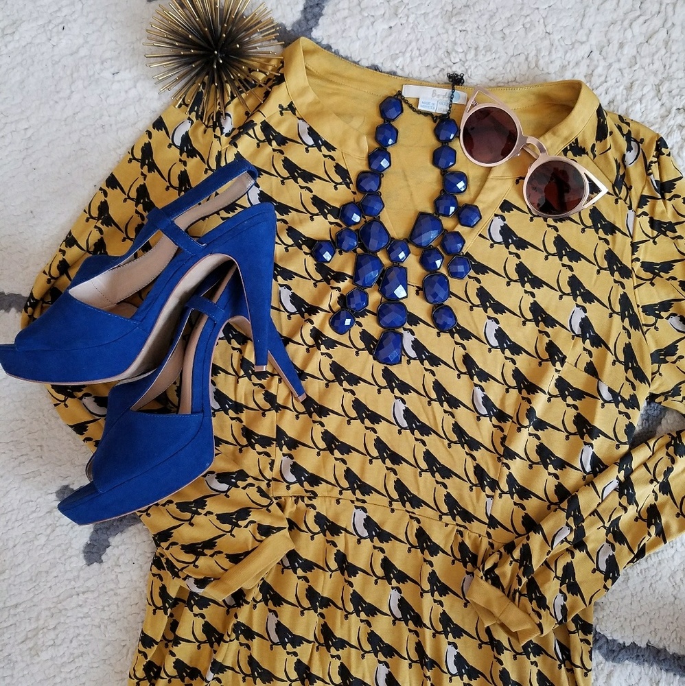 Yellow bird print dress