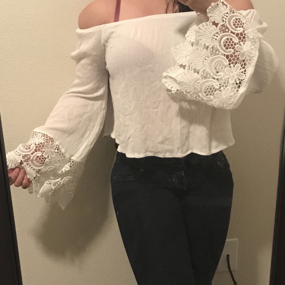 White Off Shoulder Lace Trim Top