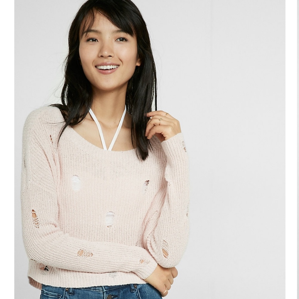 Express Pink Destroyed Knit Sweater