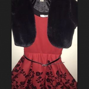 Girl’s festive holiday party dress faux fur jacket
