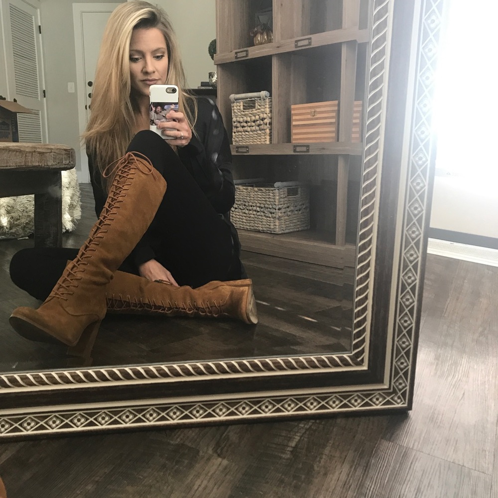 Camel-colored suede lace up boots, like new!